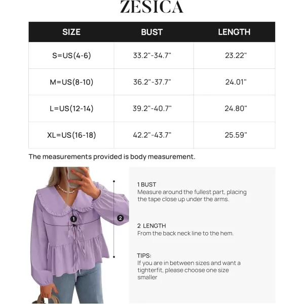imageZESICA Womens Tie Front Peplum Tops Long Puff Sleeve Lapel Collar Cute Babydoll Blouses ShirtsPurple