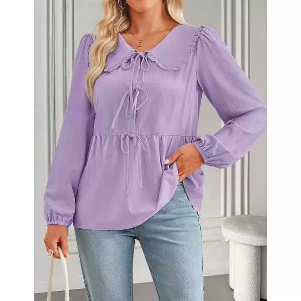 imageZESICA Womens Tie Front Peplum Tops Long Puff Sleeve Lapel Collar Cute Babydoll Blouses ShirtsPurple