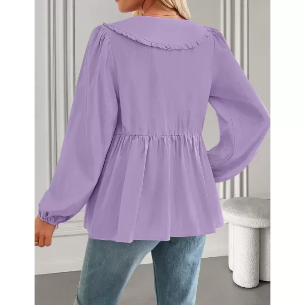 imageZESICA Womens Tie Front Peplum Tops Long Puff Sleeve Lapel Collar Cute Babydoll Blouses ShirtsPurple