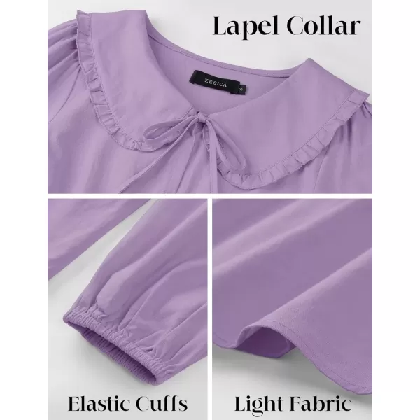 imageZESICA Womens Tie Front Peplum Tops Long Puff Sleeve Lapel Collar Cute Babydoll Blouses ShirtsPurple