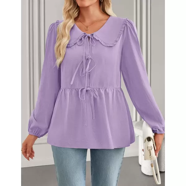 imageZESICA Womens Tie Front Peplum Tops Long Puff Sleeve Lapel Collar Cute Babydoll Blouses ShirtsPurple
