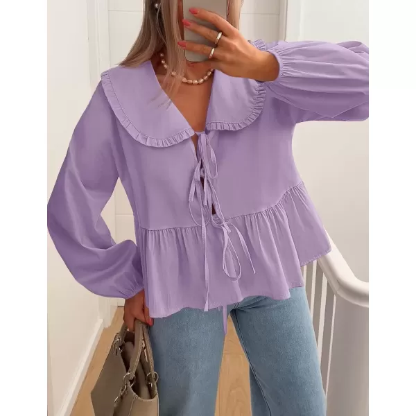 imageZESICA Womens Tie Front Peplum Tops Long Puff Sleeve Lapel Collar Cute Babydoll Blouses ShirtsPurple