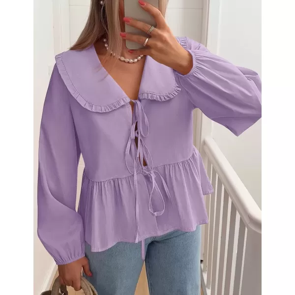imageZESICA Womens Tie Front Peplum Tops Long Puff Sleeve Lapel Collar Cute Babydoll Blouses ShirtsPurple