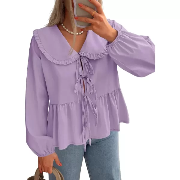 imageZESICA Womens Tie Front Peplum Tops Long Puff Sleeve Lapel Collar Cute Babydoll Blouses ShirtsPurple