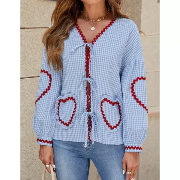 imageZESICA Womens Tie Front Peplum Tops Long Puff Sleeve Lapel Collar Cute Babydoll Blouses ShirtsSky Blue