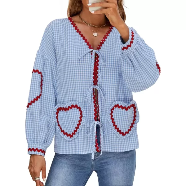 imageZESICA Womens Tie Front Peplum Tops Long Puff Sleeve Lapel Collar Cute Babydoll Blouses ShirtsSky Blue