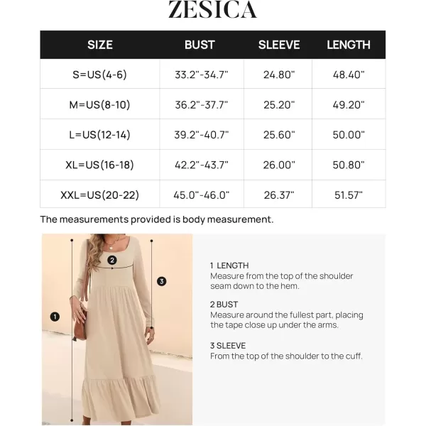 imageZESICA Womens 2024 Fall Dresses Long Sleeve Square Neck Casual Pleated Tiered Swing Maxi Dress with PocketsApricot