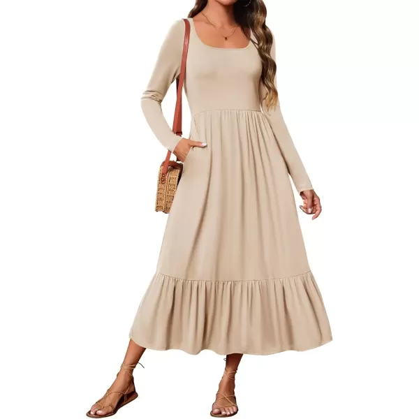 imageZESICA Womens 2024 Fall Dresses Long Sleeve Square Neck Casual Pleated Tiered Swing Maxi Dress with PocketsApricot