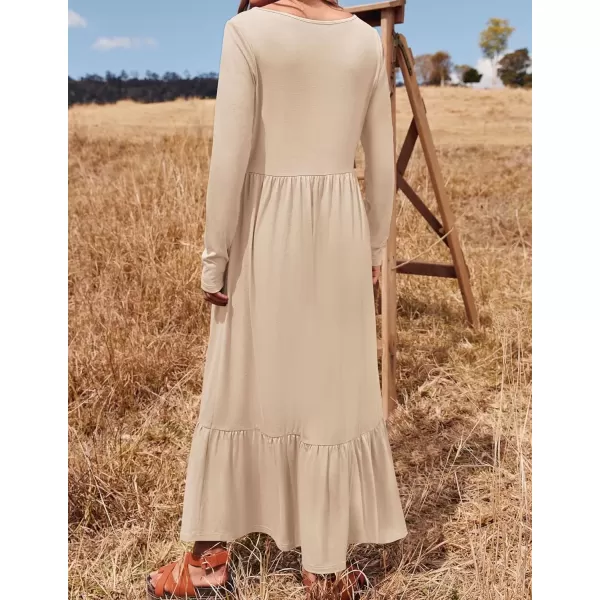 imageZESICA Womens 2024 Fall Dresses Long Sleeve Square Neck Casual Pleated Tiered Swing Maxi Dress with PocketsApricot