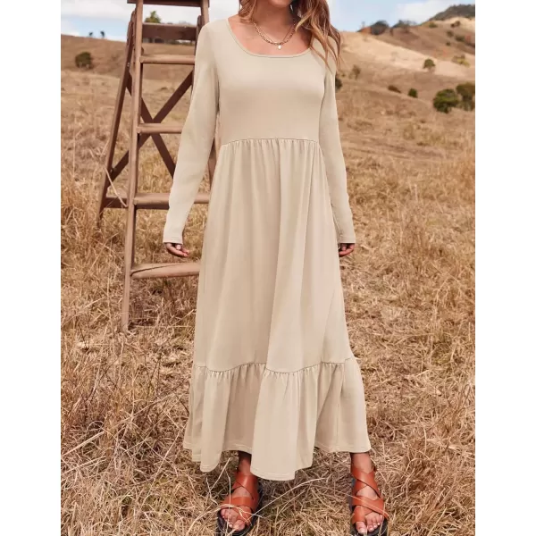 imageZESICA Womens 2024 Fall Dresses Long Sleeve Square Neck Casual Pleated Tiered Swing Maxi Dress with PocketsApricot