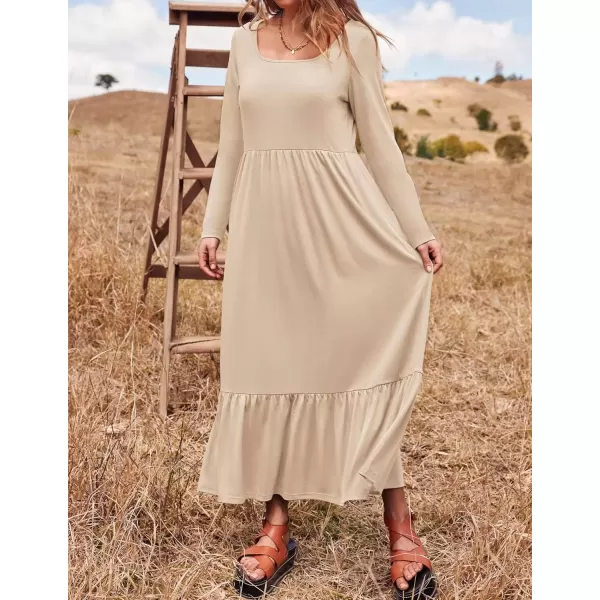imageZESICA Womens 2024 Fall Dresses Long Sleeve Square Neck Casual Pleated Tiered Swing Maxi Dress with PocketsApricot