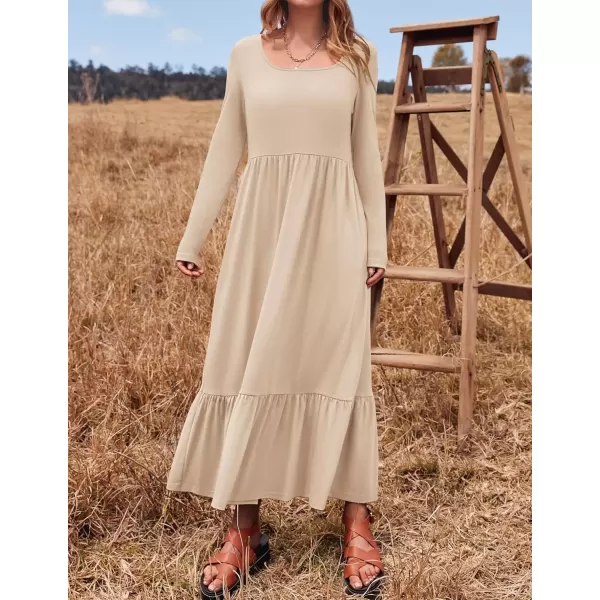 imageZESICA Womens 2024 Fall Dresses Long Sleeve Square Neck Casual Pleated Tiered Swing Maxi Dress with PocketsApricot