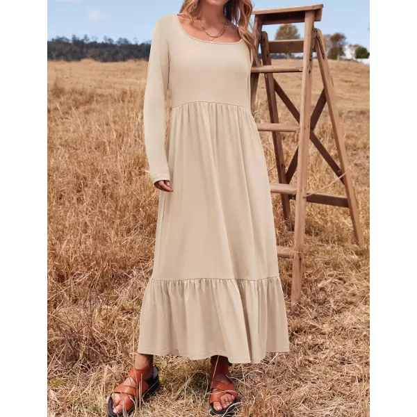imageZESICA Womens 2024 Fall Dresses Long Sleeve Square Neck Casual Pleated Tiered Swing Maxi Dress with PocketsApricot