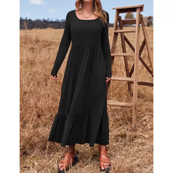 imageZESICA Womens 2024 Fall Dresses Long Sleeve Square Neck Casual Pleated Tiered Swing Maxi Dress with PocketsBlack