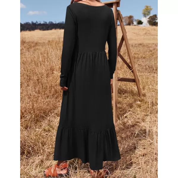 imageZESICA Womens 2024 Fall Dresses Long Sleeve Square Neck Casual Pleated Tiered Swing Maxi Dress with PocketsBlack