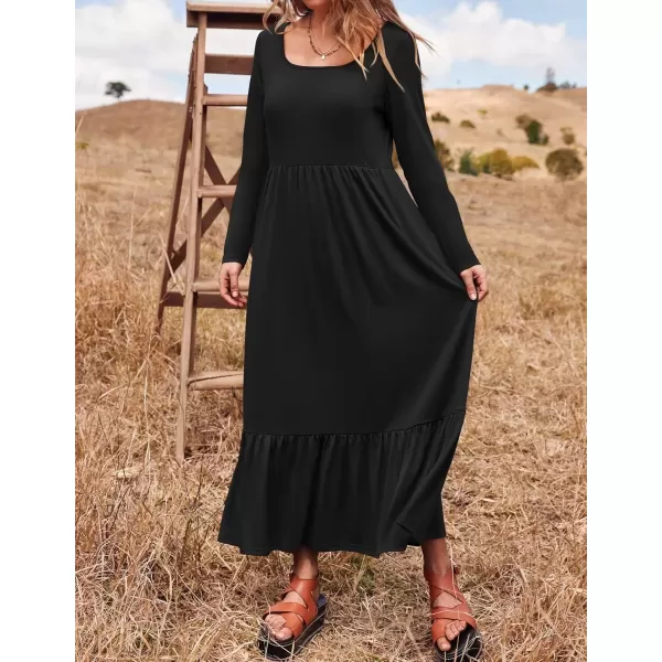 imageZESICA Womens 2024 Fall Dresses Long Sleeve Square Neck Casual Pleated Tiered Swing Maxi Dress with PocketsBlack