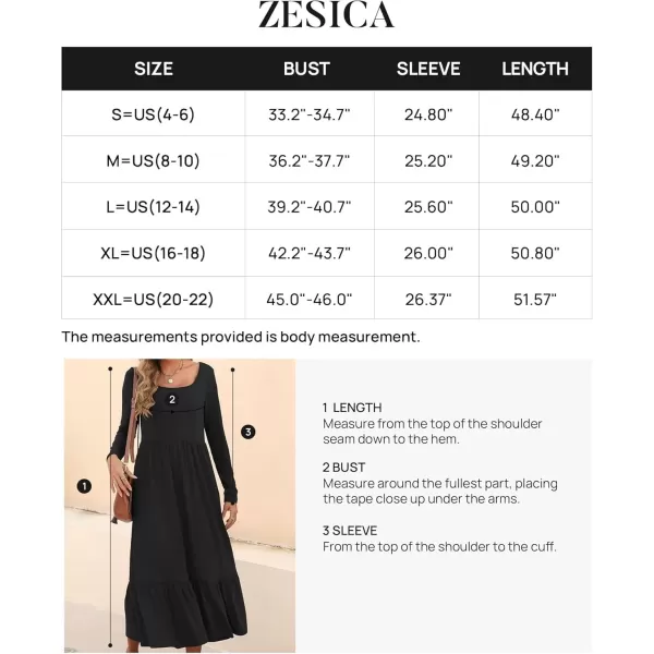imageZESICA Womens 2024 Fall Dresses Long Sleeve Square Neck Casual Pleated Tiered Swing Maxi Dress with PocketsBlack