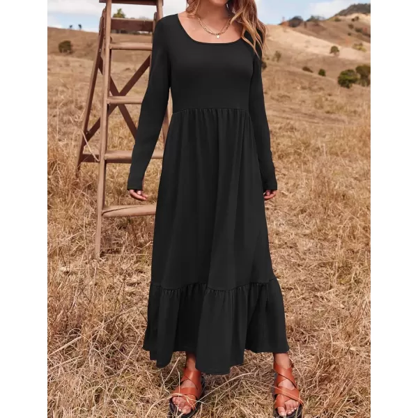 imageZESICA Womens 2024 Fall Dresses Long Sleeve Square Neck Casual Pleated Tiered Swing Maxi Dress with PocketsBlack