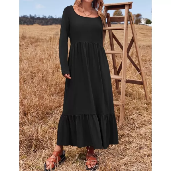 imageZESICA Womens 2024 Fall Dresses Long Sleeve Square Neck Casual Pleated Tiered Swing Maxi Dress with PocketsBlack