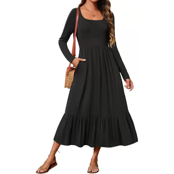 imageZESICA Womens 2024 Fall Dresses Long Sleeve Square Neck Casual Pleated Tiered Swing Maxi Dress with PocketsBlack