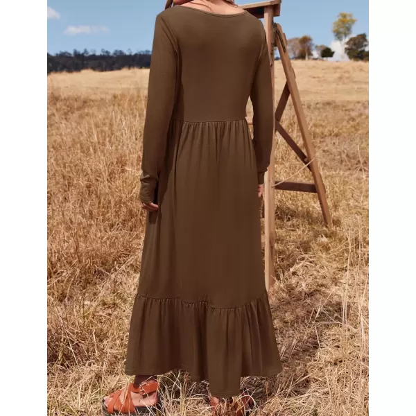 imageZESICA Womens 2024 Fall Dresses Long Sleeve Square Neck Casual Pleated Tiered Swing Maxi Dress with PocketsCoffee