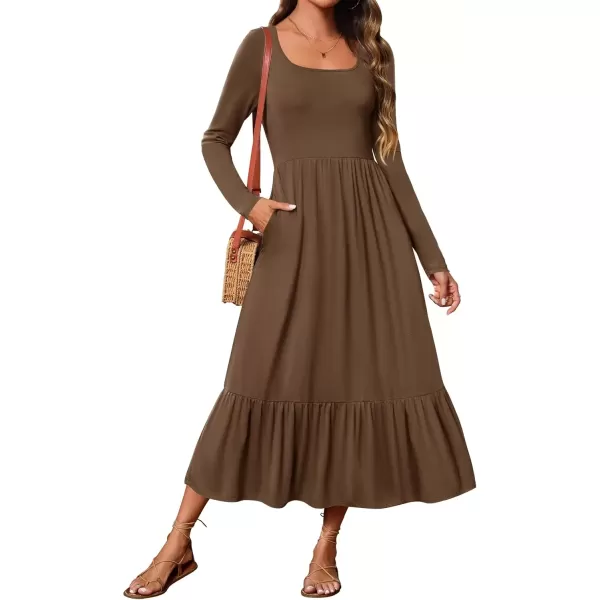 imageZESICA Womens 2024 Fall Dresses Long Sleeve Square Neck Casual Pleated Tiered Swing Maxi Dress with PocketsCoffee