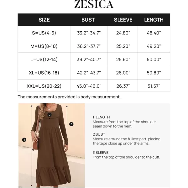 imageZESICA Womens 2024 Fall Dresses Long Sleeve Square Neck Casual Pleated Tiered Swing Maxi Dress with PocketsCoffee