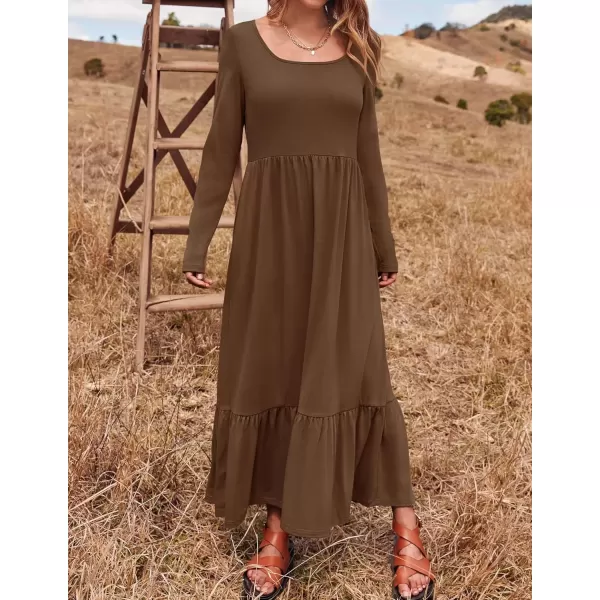 imageZESICA Womens 2024 Fall Dresses Long Sleeve Square Neck Casual Pleated Tiered Swing Maxi Dress with PocketsCoffee