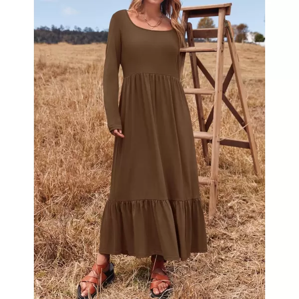 imageZESICA Womens 2024 Fall Dresses Long Sleeve Square Neck Casual Pleated Tiered Swing Maxi Dress with PocketsCoffee