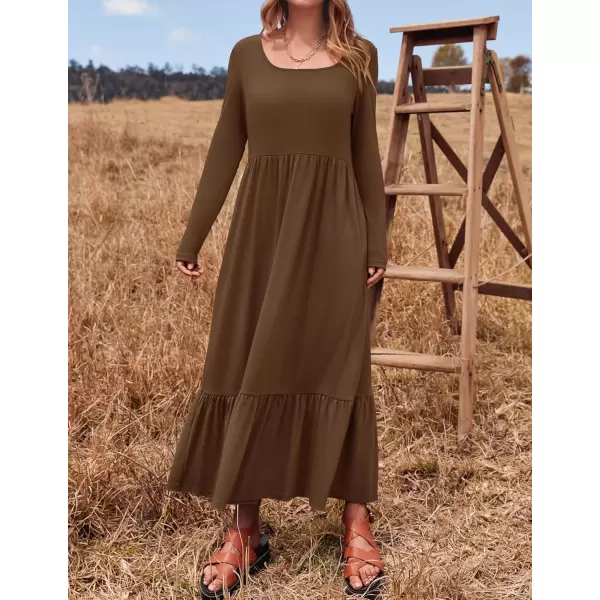 imageZESICA Womens 2024 Fall Dresses Long Sleeve Square Neck Casual Pleated Tiered Swing Maxi Dress with PocketsCoffee