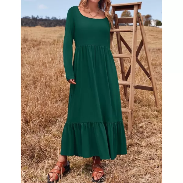 imageZESICA Womens 2024 Fall Dresses Long Sleeve Square Neck Casual Pleated Tiered Swing Maxi Dress with PocketsDarkgreen