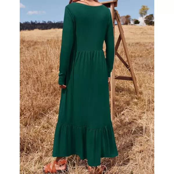 imageZESICA Womens 2024 Fall Dresses Long Sleeve Square Neck Casual Pleated Tiered Swing Maxi Dress with PocketsDarkgreen