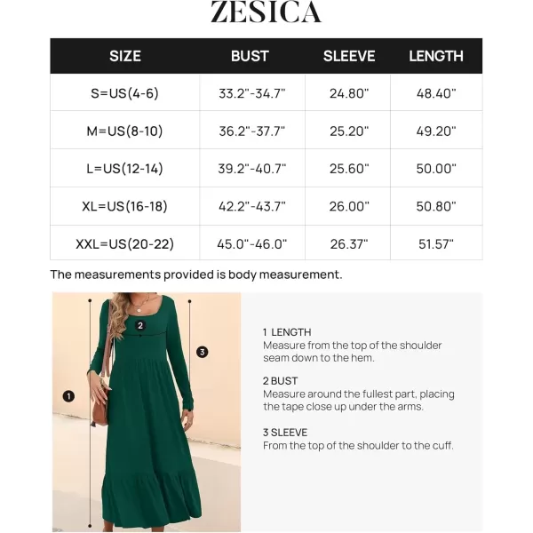 imageZESICA Womens 2024 Fall Dresses Long Sleeve Square Neck Casual Pleated Tiered Swing Maxi Dress with PocketsDarkgreen