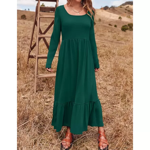 imageZESICA Womens 2024 Fall Dresses Long Sleeve Square Neck Casual Pleated Tiered Swing Maxi Dress with PocketsDarkgreen