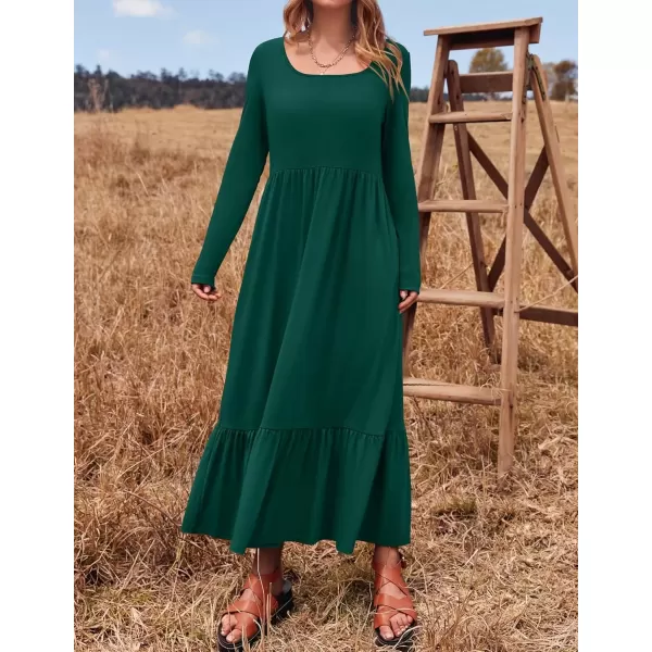 imageZESICA Womens 2024 Fall Dresses Long Sleeve Square Neck Casual Pleated Tiered Swing Maxi Dress with PocketsDarkgreen