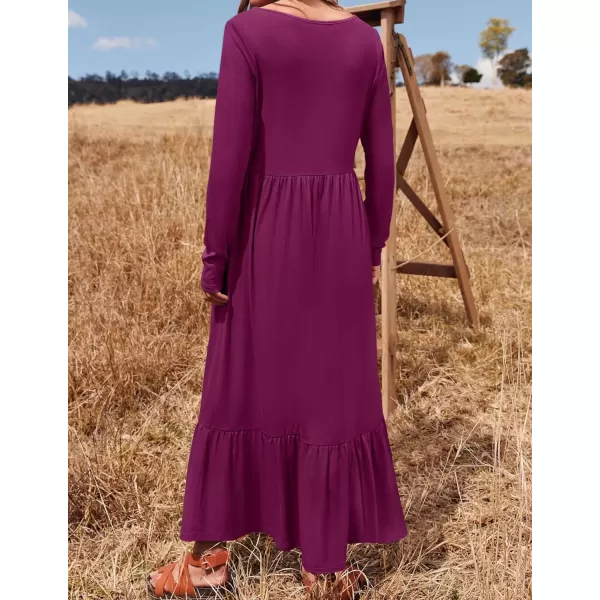 imageZESICA Womens 2024 Fall Dresses Long Sleeve Square Neck Casual Pleated Tiered Swing Maxi Dress with PocketsDarkpurple