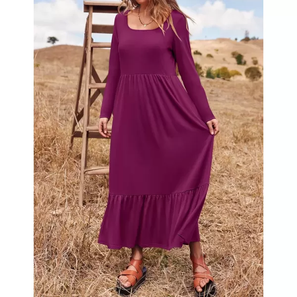 imageZESICA Womens 2024 Fall Dresses Long Sleeve Square Neck Casual Pleated Tiered Swing Maxi Dress with PocketsDarkpurple