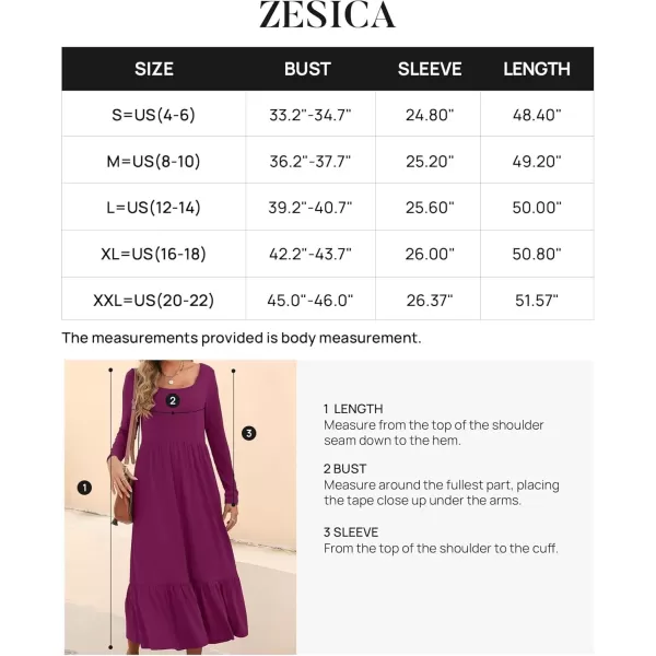 imageZESICA Womens 2024 Fall Dresses Long Sleeve Square Neck Casual Pleated Tiered Swing Maxi Dress with PocketsDarkpurple