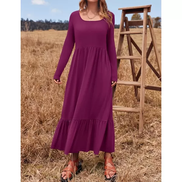 imageZESICA Womens 2024 Fall Dresses Long Sleeve Square Neck Casual Pleated Tiered Swing Maxi Dress with PocketsDarkpurple