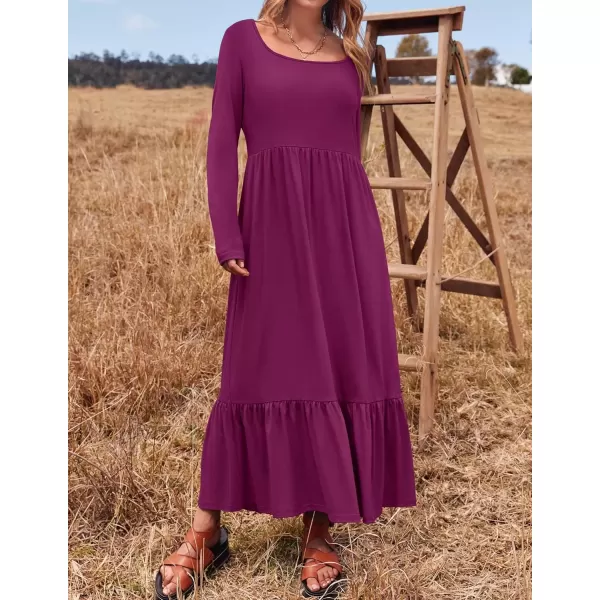 imageZESICA Womens 2024 Fall Dresses Long Sleeve Square Neck Casual Pleated Tiered Swing Maxi Dress with PocketsDarkpurple