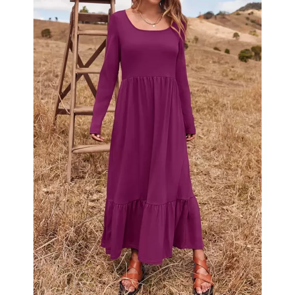imageZESICA Womens 2024 Fall Dresses Long Sleeve Square Neck Casual Pleated Tiered Swing Maxi Dress with PocketsDarkpurple