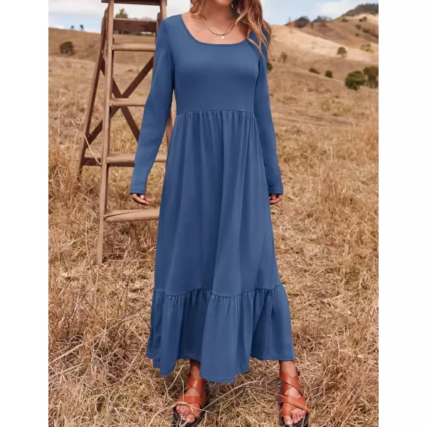 imageZESICA Womens 2024 Fall Dresses Long Sleeve Square Neck Casual Pleated Tiered Swing Maxi Dress with PocketsDustyblue