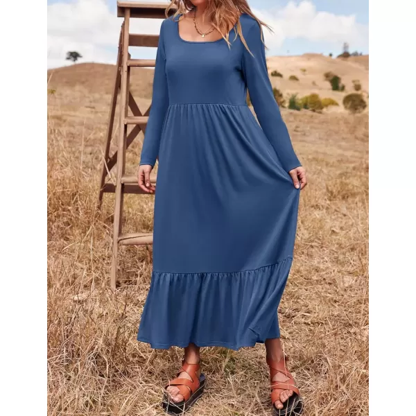 imageZESICA Womens 2024 Fall Dresses Long Sleeve Square Neck Casual Pleated Tiered Swing Maxi Dress with PocketsDustyblue