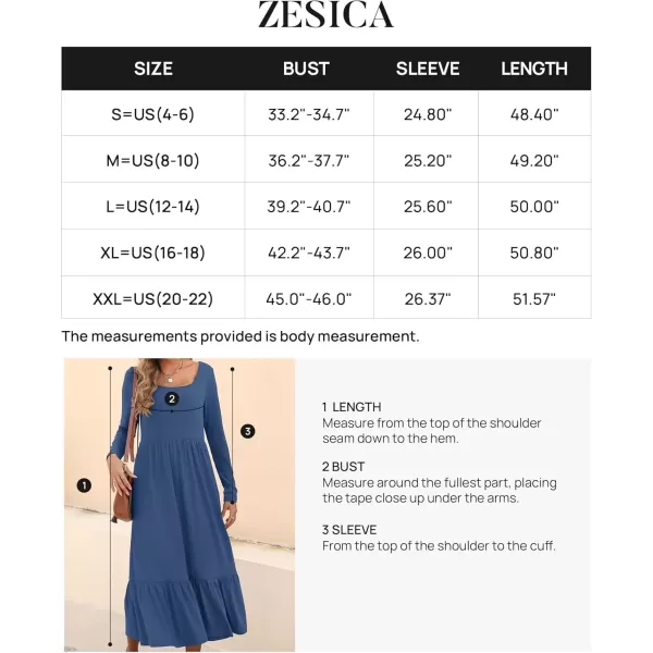 imageZESICA Womens 2024 Fall Dresses Long Sleeve Square Neck Casual Pleated Tiered Swing Maxi Dress with PocketsDustyblue