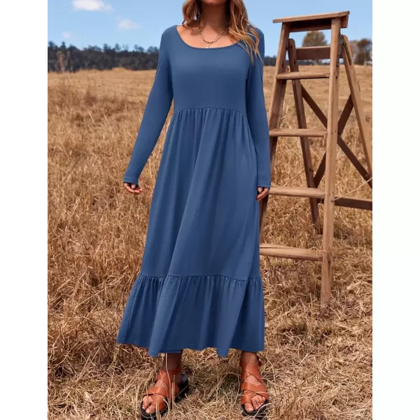 imageZESICA Womens 2024 Fall Dresses Long Sleeve Square Neck Casual Pleated Tiered Swing Maxi Dress with PocketsDustyblue