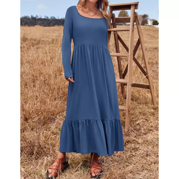 imageZESICA Womens 2024 Fall Dresses Long Sleeve Square Neck Casual Pleated Tiered Swing Maxi Dress with PocketsDustyblue