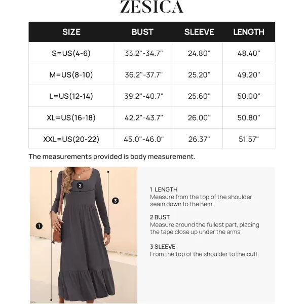 imageZESICA Womens 2024 Fall Dresses Long Sleeve Square Neck Casual Pleated Tiered Swing Maxi Dress with PocketsGray