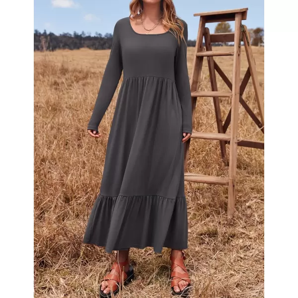 imageZESICA Womens 2024 Fall Dresses Long Sleeve Square Neck Casual Pleated Tiered Swing Maxi Dress with PocketsGray