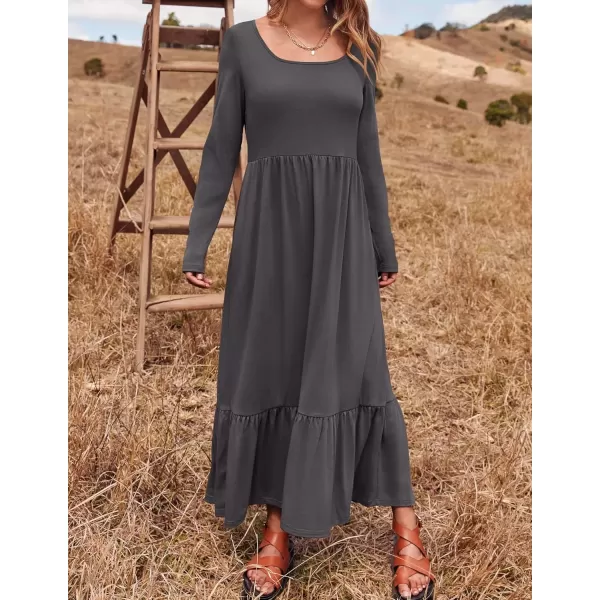 imageZESICA Womens 2024 Fall Dresses Long Sleeve Square Neck Casual Pleated Tiered Swing Maxi Dress with PocketsGray