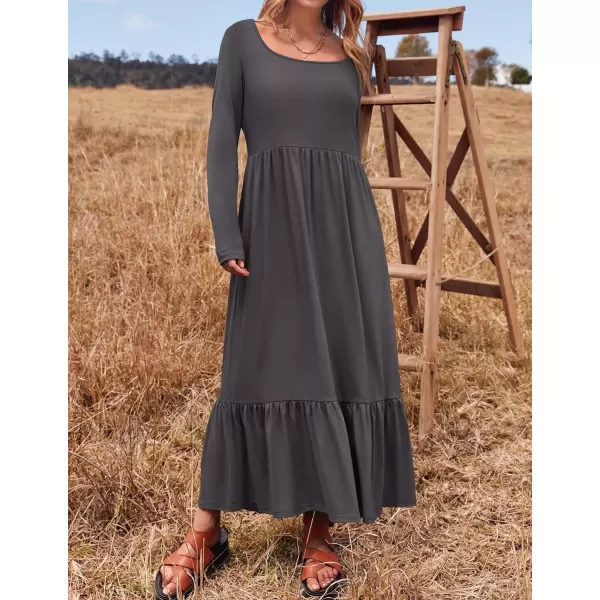 imageZESICA Womens 2024 Fall Dresses Long Sleeve Square Neck Casual Pleated Tiered Swing Maxi Dress with PocketsGray